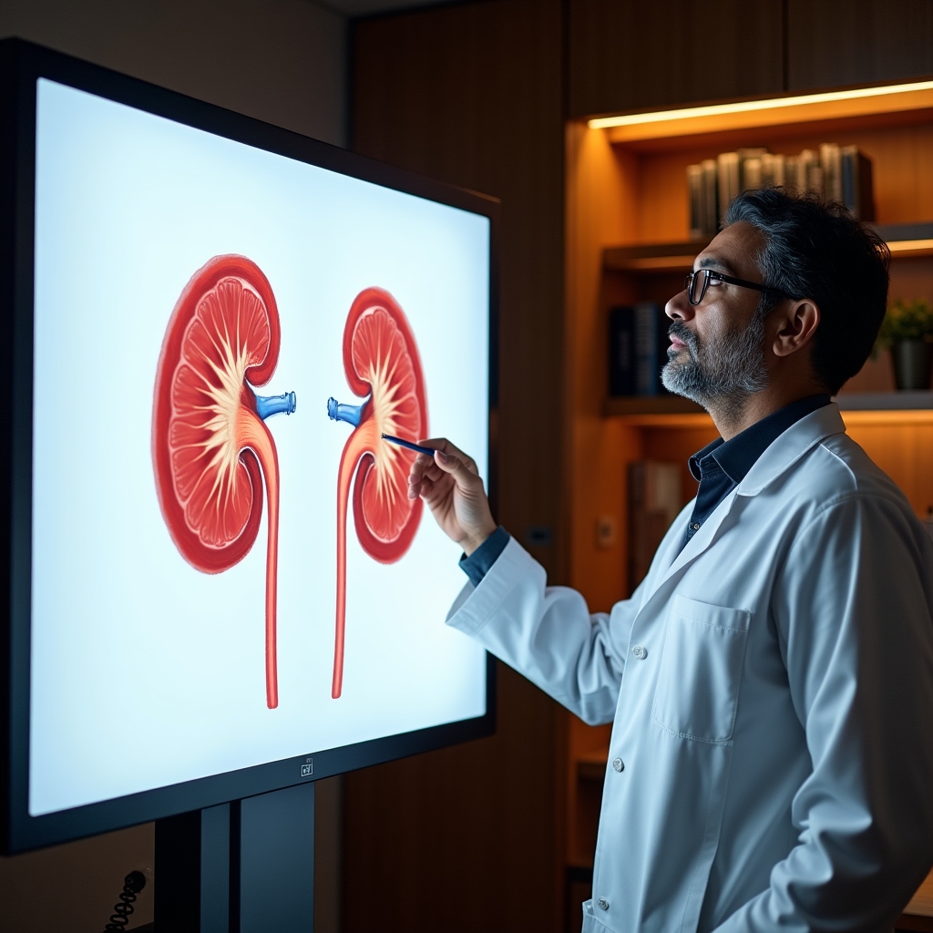 Medical illustration of kidney anatomy showing nephron structure and water reabsorption mechanism in detail