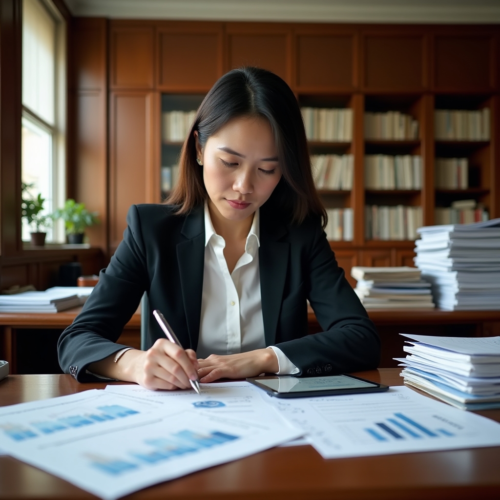 Research coordinator reviewing cellular biology literature with organized documents and scientific references in a professional workspace